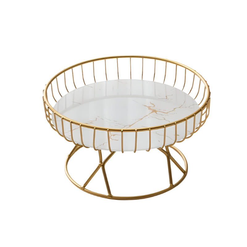 Elosung Elegant Iron Art Glass Serving Tray White Round Design With Gold Finish Trays