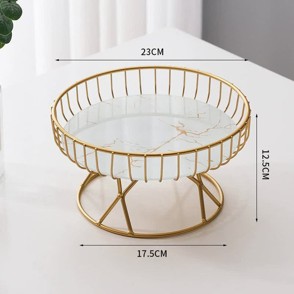 Elosung Elegant Iron Art Glass Serving Tray White Round Design With Gold Finish Trays