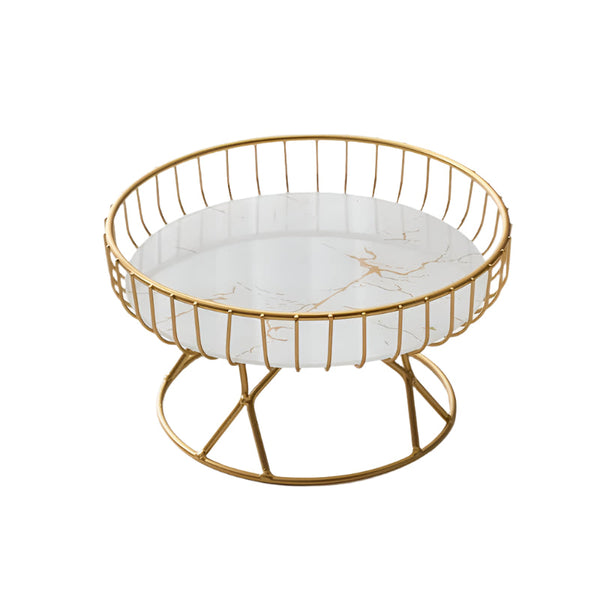 Elosung Elegant Iron Art Glass Serving Tray White Round Design With Gold Finish Trays