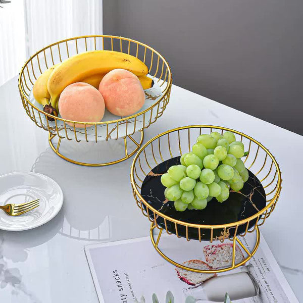 Elosung Elegant Iron Art Glass Serving Tray White Round Design With Gold Finish Trays