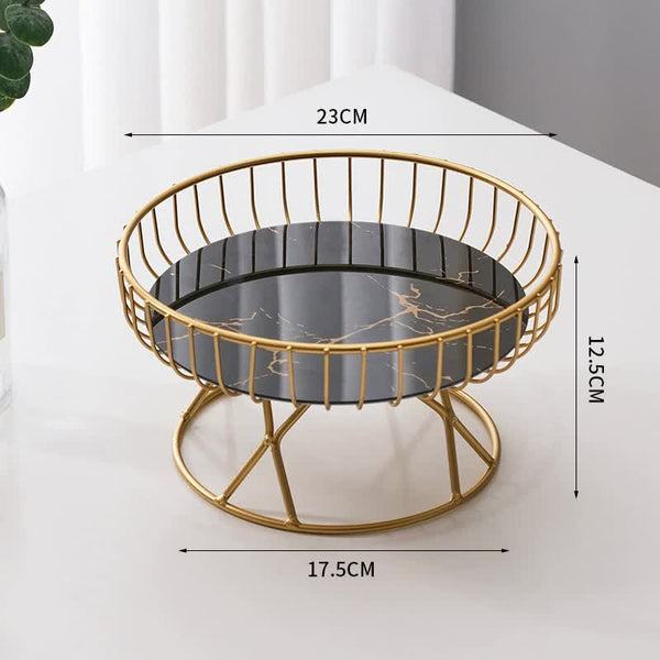 Elosung Elegant Iron Art Glass Serving Tray Black Round Design With Gold Finish Trays