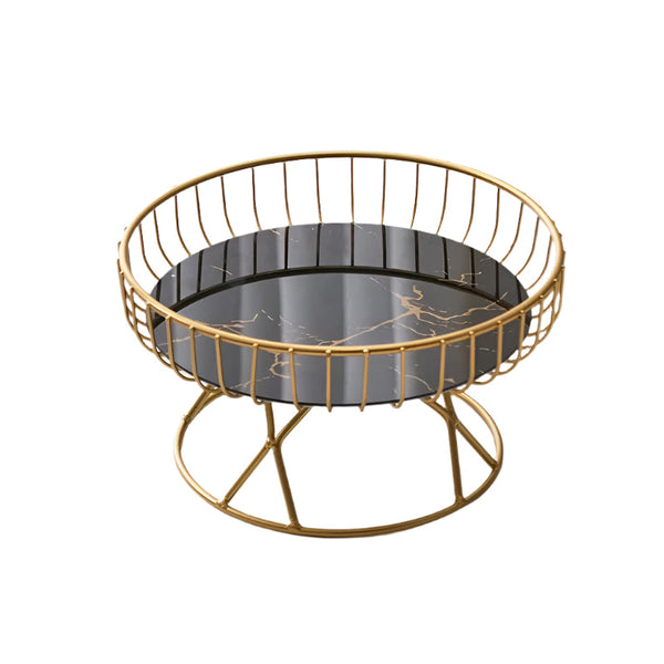 Elosung Elegant Iron Art Glass Serving Tray Black Round Design With Gold Finish Trays