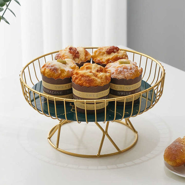 Elosung Elegant Iron Art Glass Serving Tray Black Round Design With Gold Finish Trays