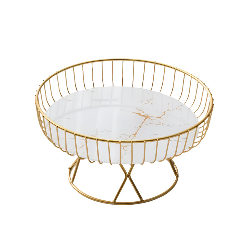 Elosung Elegant Iron Art Glass Serving Tray White Round Design With Gold Finish 27 X 13.5 17.5Cm Trays