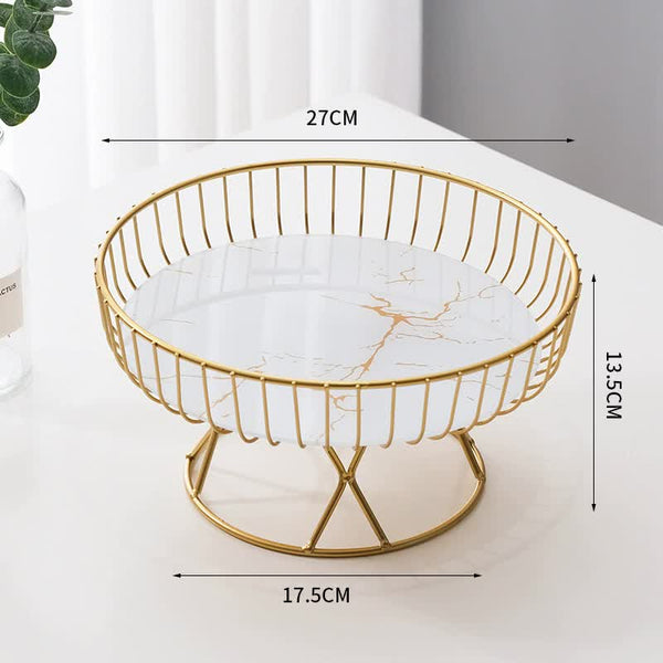 Elosung Elegant Iron Art Glass Serving Tray White Round Design With Gold Finish 27 X 13.5 17.5Cm Trays