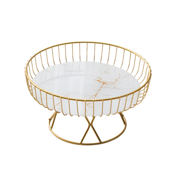 Elosung Elegant Iron Art Glass Serving Tray White Round Design With Gold Finish 27 X 13.5 17.5Cm Trays