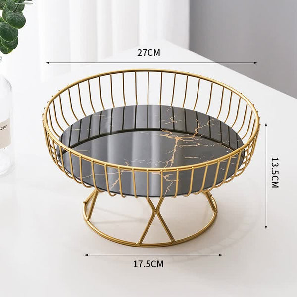 Elosung Elegant Iron Art Glass Serving Tray Black Round Design With Gold Finish 27 X 13.5 17.5Cm Trays