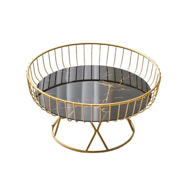 Elosung Elegant Iron Art Glass Serving Tray Black Round Design With Gold Finish 27 X 13.5 17.5Cm Trays