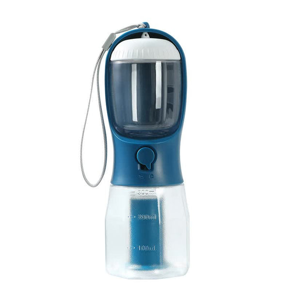 Elosung Dark Blue 3 In 1 Portable Pet Water Bottle With Food Storage And Waste Bag Dispenser 300Ml Capacity Dishes Feeders & Fountains