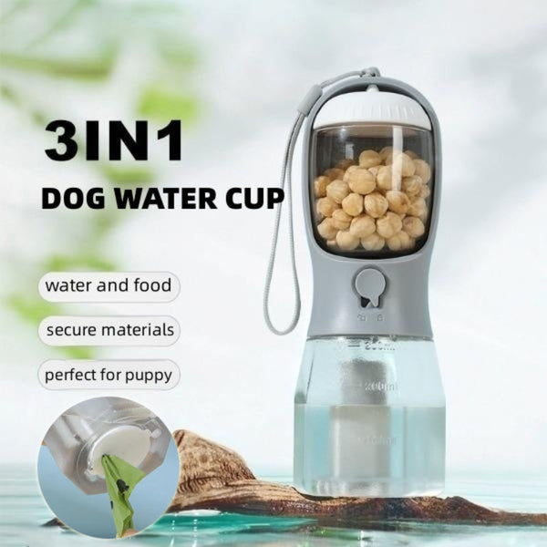 Dark Blue 3 In Portable Pet Water Bottle With Food Storage And Waste Bag Dispenser 300Ml Capacity Dishes Feeders & Fountains