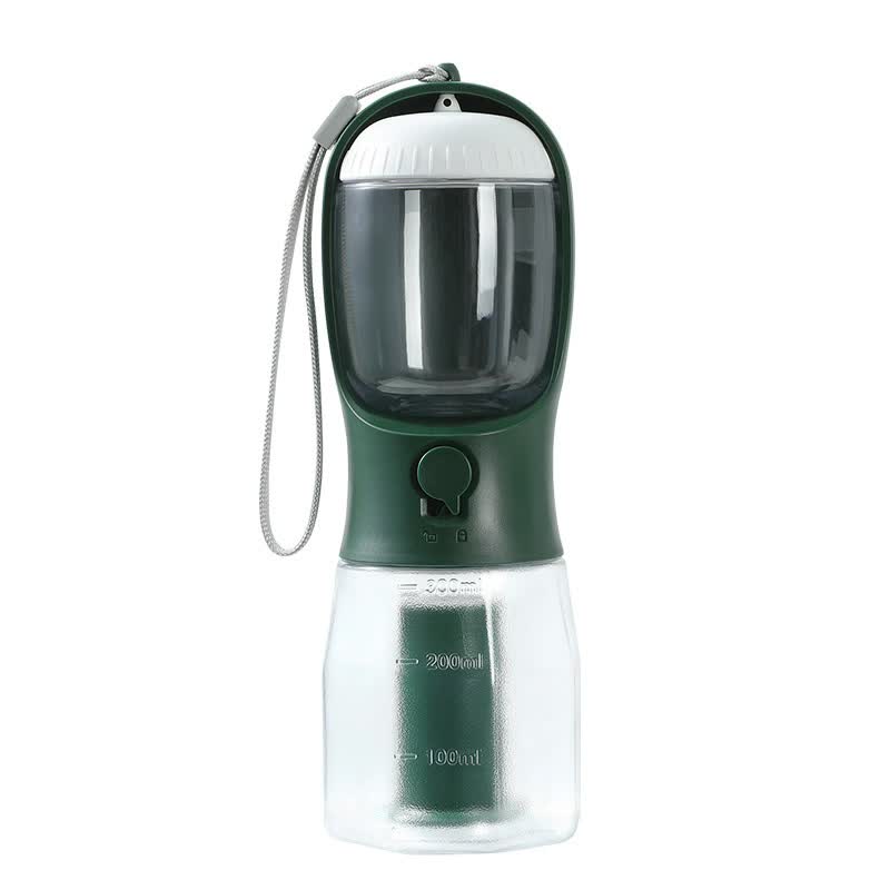 Green 3 In 1 Portable Pet Water Bottle With Food Storage And Waste Bag Dispenser 300Ml Capacity Dishes Feeders & Fountains