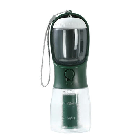 Green 3 In 1 Portable Pet Water Bottle With Food Storage And Waste Bag Dispenser 300Ml Capacity Dishes Feeders & Fountains