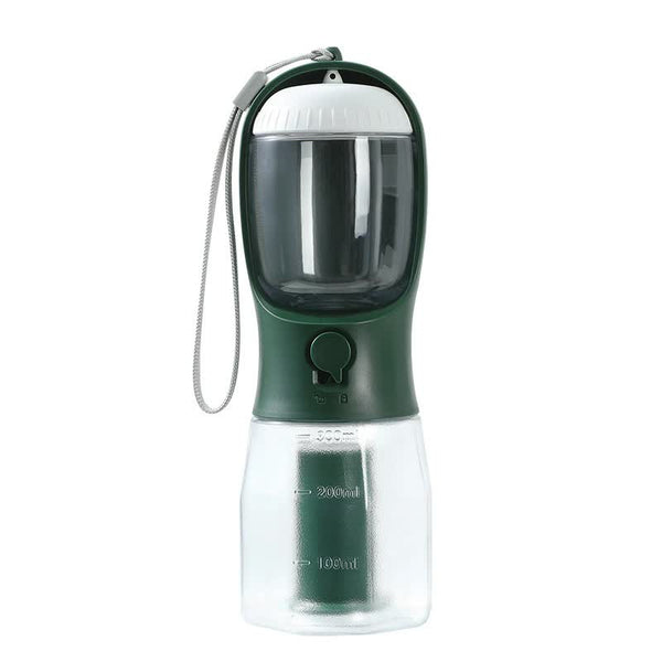 Green 3 In 1 Portable Pet Water Bottle With Food Storage And Waste Bag Dispenser 300Ml Capacity Dishes Feeders & Fountains