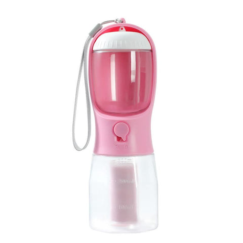 Elosung Pink 3 In 1 Pet Water Bottle With Food Storage Waste Bag Dispenser 300Ml Capacity Dishes Feeders & Fountains