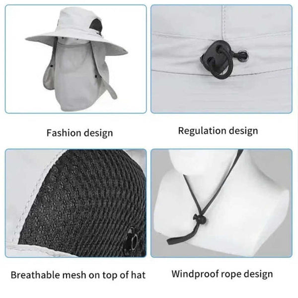Elosung Dark Gray Outdoor Uv Protection Sun Hat With Detachable Face And Neck Flap Wide Brim Breathable Lightweight Hats