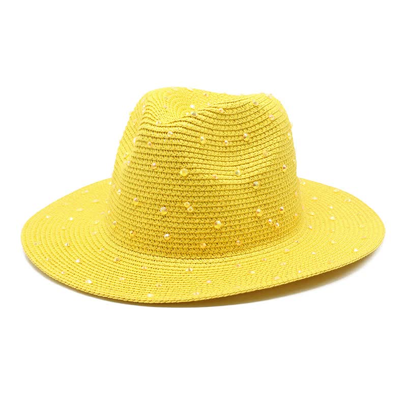 Yellow Women's Wide Brim Straw Hat With Rhinestones Elegant And Breathable Sun For Summer Outdoors M 56 To 58Cmi Hats