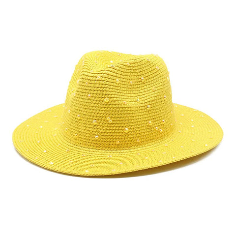 Yellow Women's Wide Brim Straw Hat With Rhinestones Elegant And Breathable Sun For Summer Outdoors M 56 To 58Cmi Hats