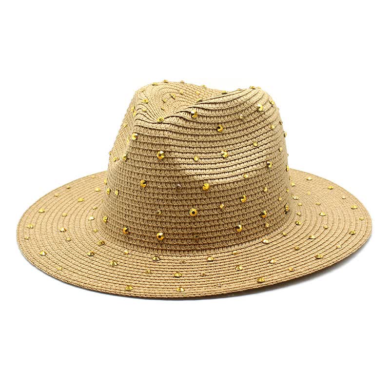 Elosung Khaki Womens Wide Brim Straw Hat With Rhinestones Elegant Breathable Sun Summer Outdoors M(56 58Cm) Hats