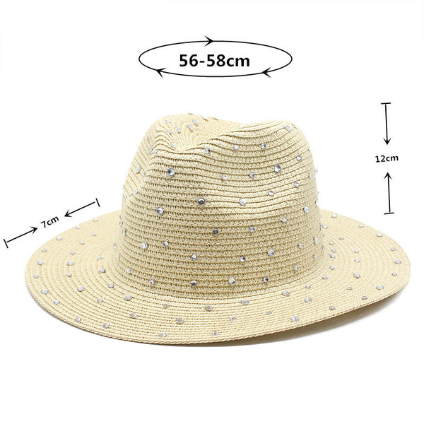 Elosung Khaki Womens Wide Brim Straw Hat With Rhinestones Elegant Breathable Sun Summer Outdoors M(56 58Cm) Hats