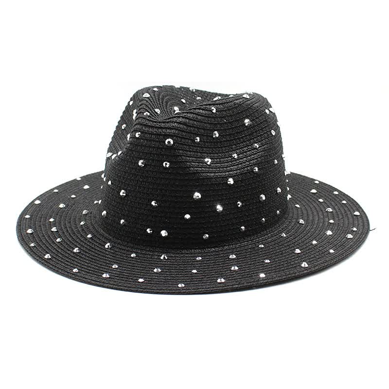 Elosung Black Women's Wide Brim Straw Hat With Rhinestones Elegant Breathable Sun For Summer Outdoorsm(56 58Cm) Hats