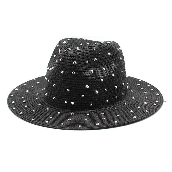 Elosung Black Women's Wide Brim Straw Hat With Rhinestones Elegant Breathable Sun For Summer Outdoorsm(56 58Cm) Hats