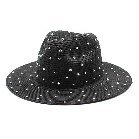 Elosung Black Women's Wide Brim Straw Hat With Rhinestones Elegant Breathable Sun For Summer Outdoorsm(56 58Cm) Hats