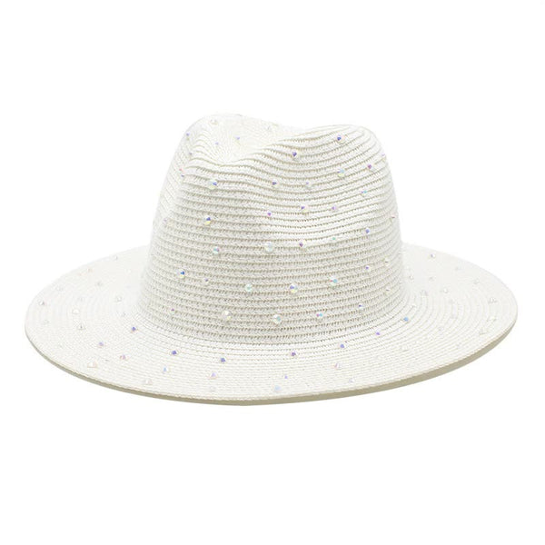 White Women's Wide Brim Straw Hat With Rhinestones Elegant And Breathable Sun For Summer Outdoors 56 To 58Cm Hats