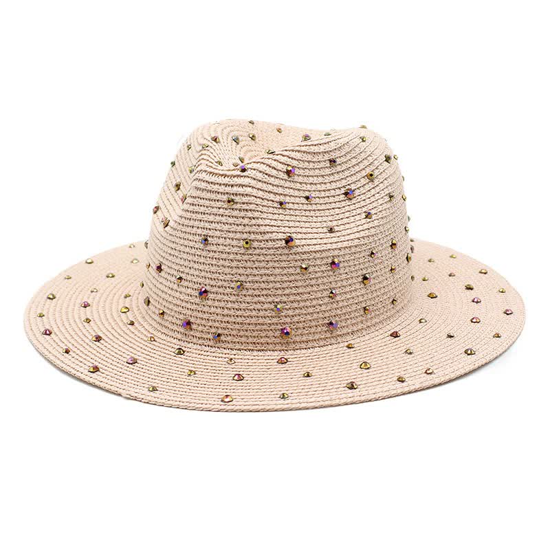 Elosung Pink Women's Wide Brim Straw Hat With Rhinestones Elegant Breathable Sun For Summer Outdoorsm(56 58Cm) Hats