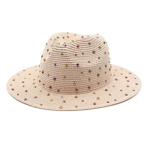 Elosung Pink Women's Wide Brim Straw Hat With Rhinestones Elegant Breathable Sun For Summer Outdoorsm(56 58Cm) Hats