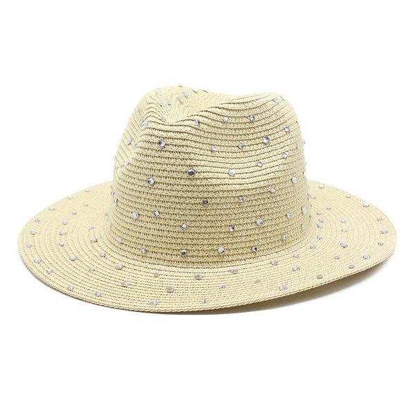 Elosung Beige Women's Wide Brim Straw Hat With Rhinestones Elegant Breathable Sun For Summer Outdoorsm(56 58Cm) Hats
