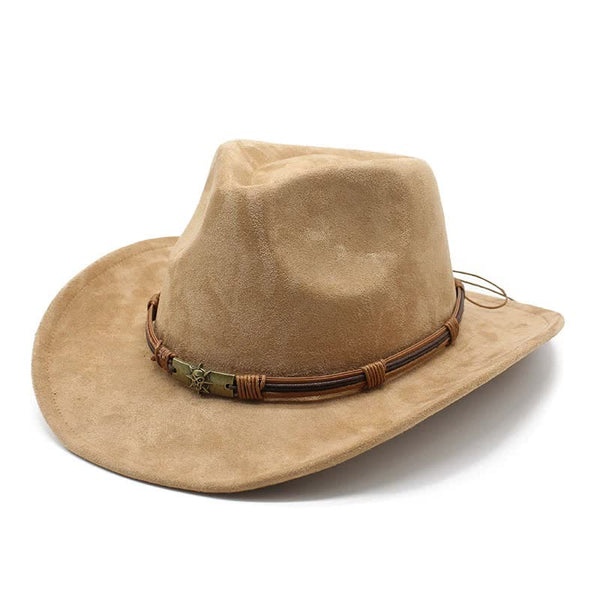 Elosung Light Tan Unisex Faux Suede Western Cowboy Hat Wide Brim Fedora For Outdoor Travel Placeholder