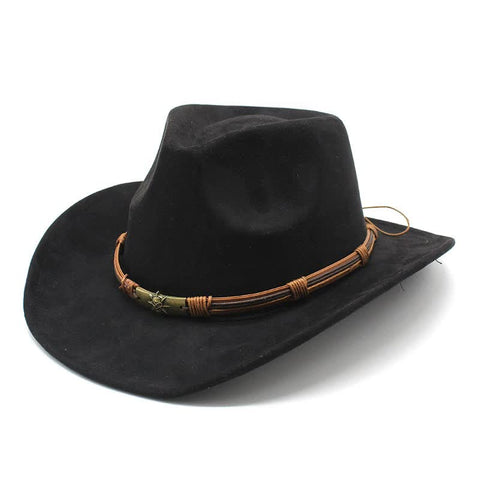 Elosung Black Unisex Faux Suede Western Cowboy Hat Wide Brim Vintage Fedora For Outdoor Travelm(57 58Cm) Hats