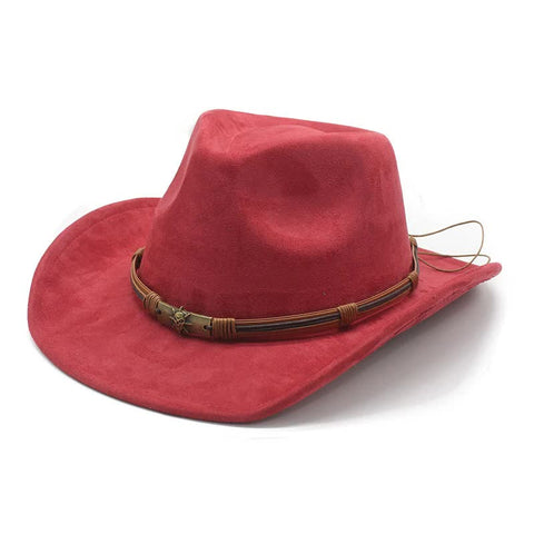 Wine Red Unisex Faux Suede Western Cowboy Hat Wide Brim Vintage Fedora For Outdoor Travel M 57 To 58Cm Hats