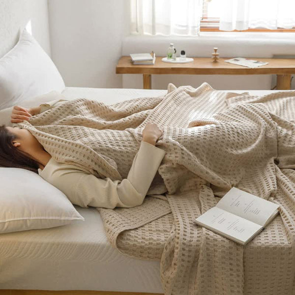 Elosung Cotton Waffle Blanket Air Conditioning Throw Summer Quilt 100 X 152Cm Bean Paste Colour Blankets
