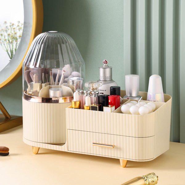 White Rotating Makeup Organizer Box Multi Compartment Cosmetic Storage With Dustproof Cover Makeup Bags & Cases