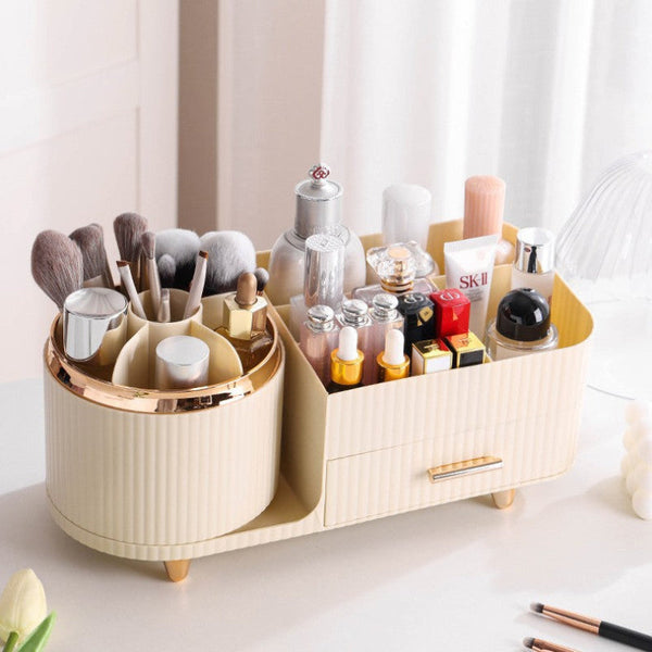 Elosung Cream Color Rotating Makeup Organizer Box Multi Compartment Cosmetic Storage Makeup Bags & Cases