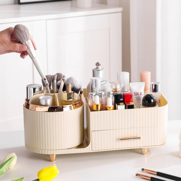 Elosung Cream Color Rotating Makeup Organizer Box Multi Compartment Cosmetic Storage Makeup Bags & Cases