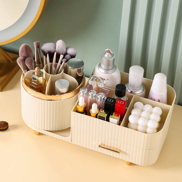 Elosung Cream Color Rotating Makeup Organizer Box Multi Compartment Cosmetic Storage Makeup Bags & Cases