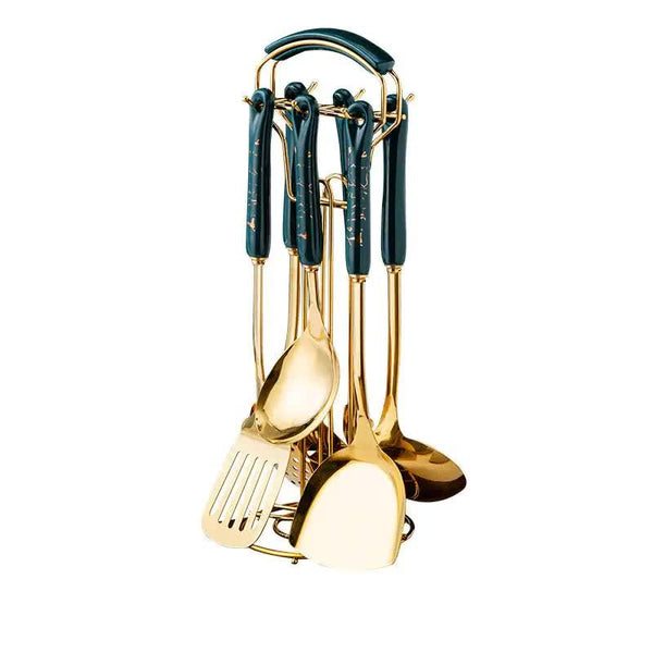 Dark Green Gold Stainless Steel Kitchen Utensil Set 7 Piece Golden Cooking Tools With Stand Cooking Utensils