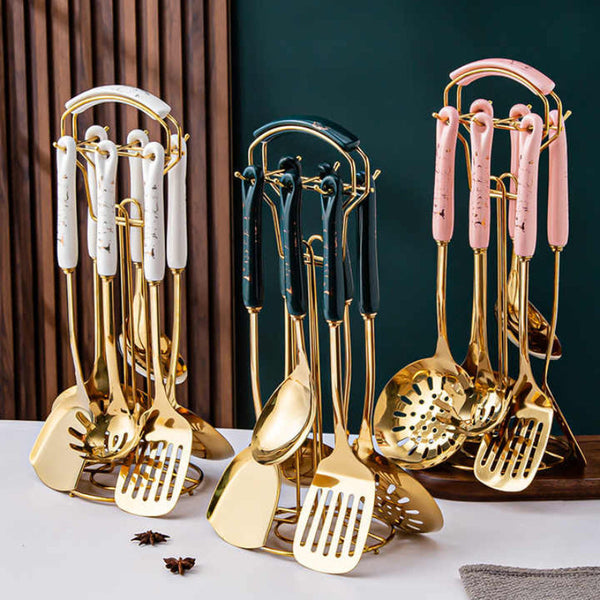 Dark Green Gold Stainless Steel Kitchen Utensil Set 7 Piece Golden Cooking Tools With Stand Cooking Utensils