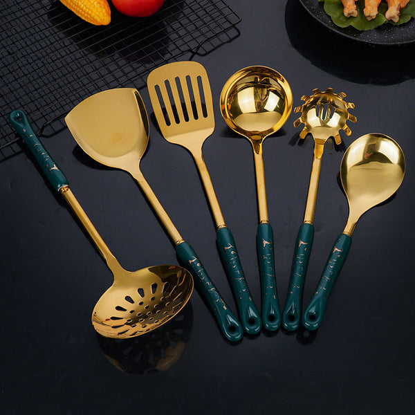 Elosung Dark Green Gold Stainless Steel Kitchen Utensil Set 7 Piece Golden Cooking Tools With Stand Cooking Utensils
