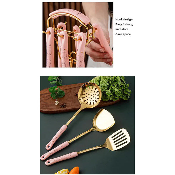 Dark Green Gold Stainless Steel Kitchen Utensil Set 7 Piece Golden Cooking Tools With Stand Cooking Utensils