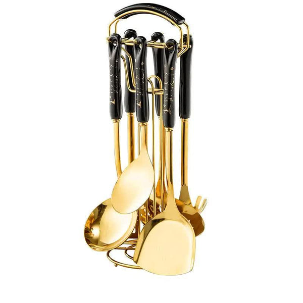 Elosung Black Gold Stainless Steel Kitchen Utensil Set 7 Piece Golden Cooking Tools With Stand Cooking Utensils