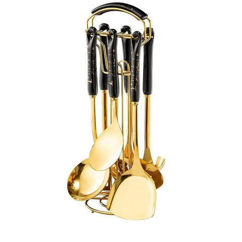Elosung Black Gold Stainless Steel Kitchen Utensil Set 7 Piece Golden Cooking Tools With Stand Cooking Utensils