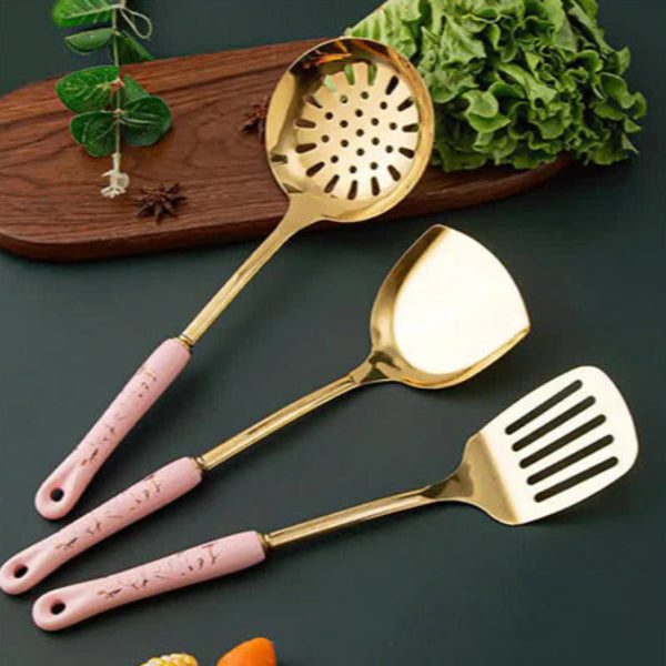 Elosung Black Gold Stainless Steel Kitchen Utensil Set 7 Piece Golden Cooking Tools With Stand Cooking Utensils