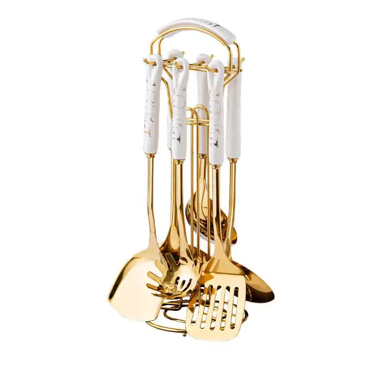 White Gold Stainless Steel Kitchen Utensil Set 7 Piece Golden Cooking Tools With Stand Cooking Utensils