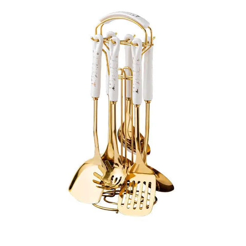 White Gold Stainless Steel Kitchen Utensil Set 7 Piece Golden Cooking Tools With Stand Cooking Utensils