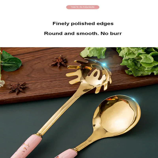 Elosung Pink Gold Stainless Steel Kitchen Utensil Set 7 Piece Golden Cooking Tools With Stand Cooking Utensils