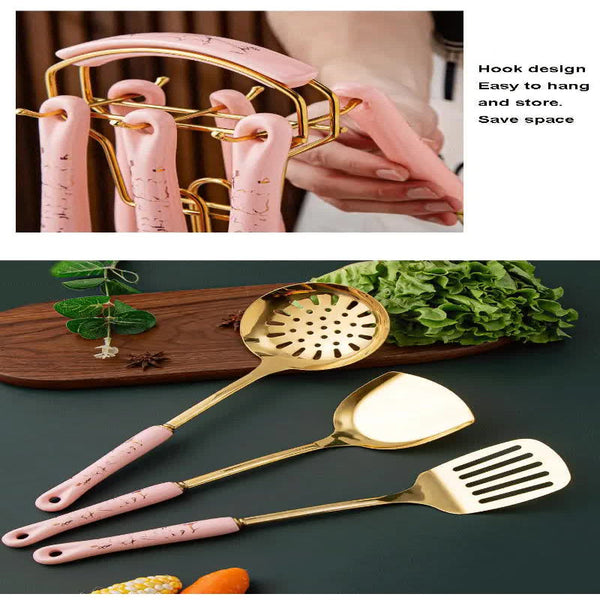 Elosung Pink Gold Stainless Steel Kitchen Utensil Set 7 Piece Golden Cooking Tools With Stand Cooking Utensils