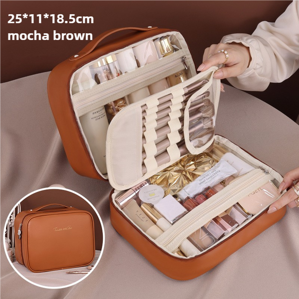 Elosung Brown Portable Pu Leather Makeup Bag With Detachable Divider Travel Cosmetic Organizer Makeup Bags & Cases